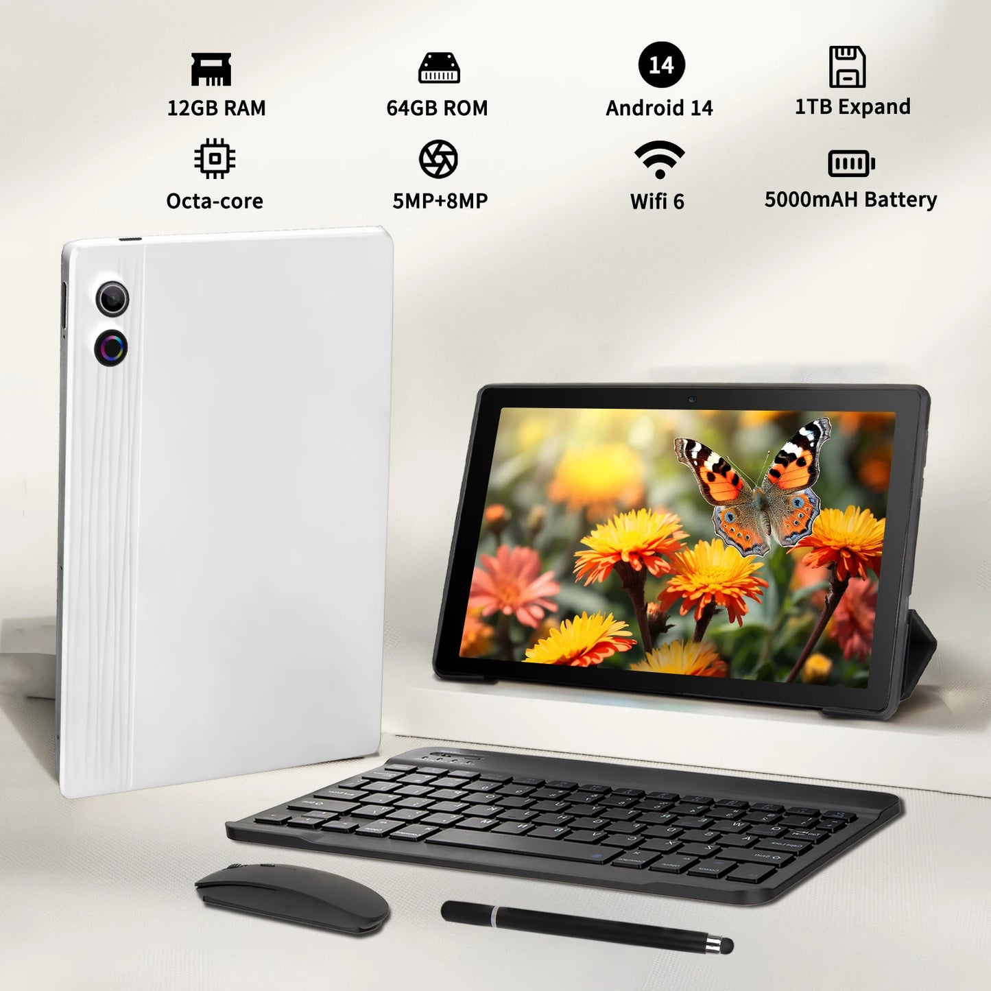 Android 14 10 inch Tablet, A523 Octa Core, 8GB RAM + 64GB ROM(TF 1TB), 5000mAh, Face Unlocked,Black+Keyboard & Mouse Set, Black