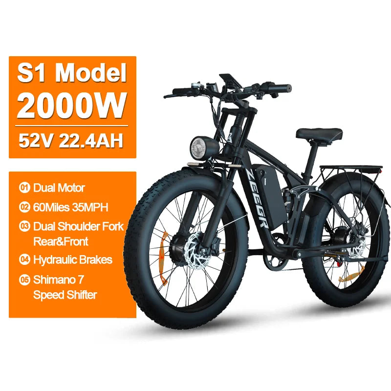 Zeegr S1 US Winter Fat Tire E-Bike 2000W Dual Motor AWD 52V 80 Mile Long Range Full Suspension 35MPH Snow Off-Road Electric Bike