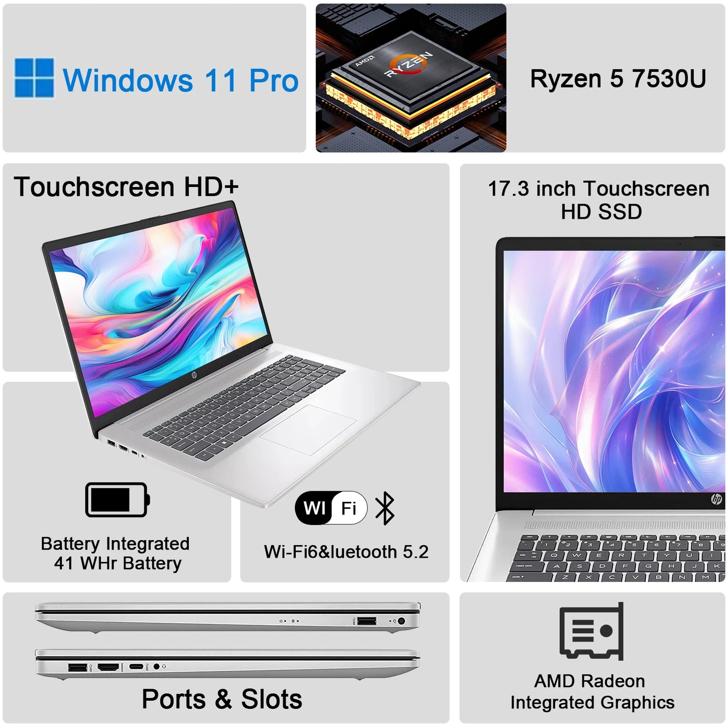 HP 2023 Newest 17'' Laptop, AMD Ryzen 5 7530U(Beats i7-9750H), HD LED 17.3'' Touchscreen Display, 16GB DDR4 RAM, 1TB SSD, Win11P
