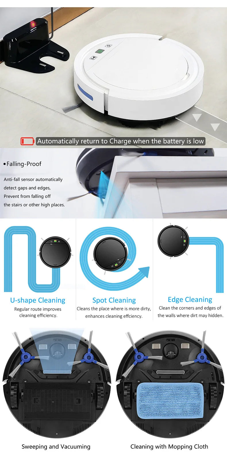Smart Robot Vacuum Cleaner with 2500Pa Suction, WiFi/APP Control, Auto Recharge, Sweep/Mop/Vacuum for Pet Hair & Carpets