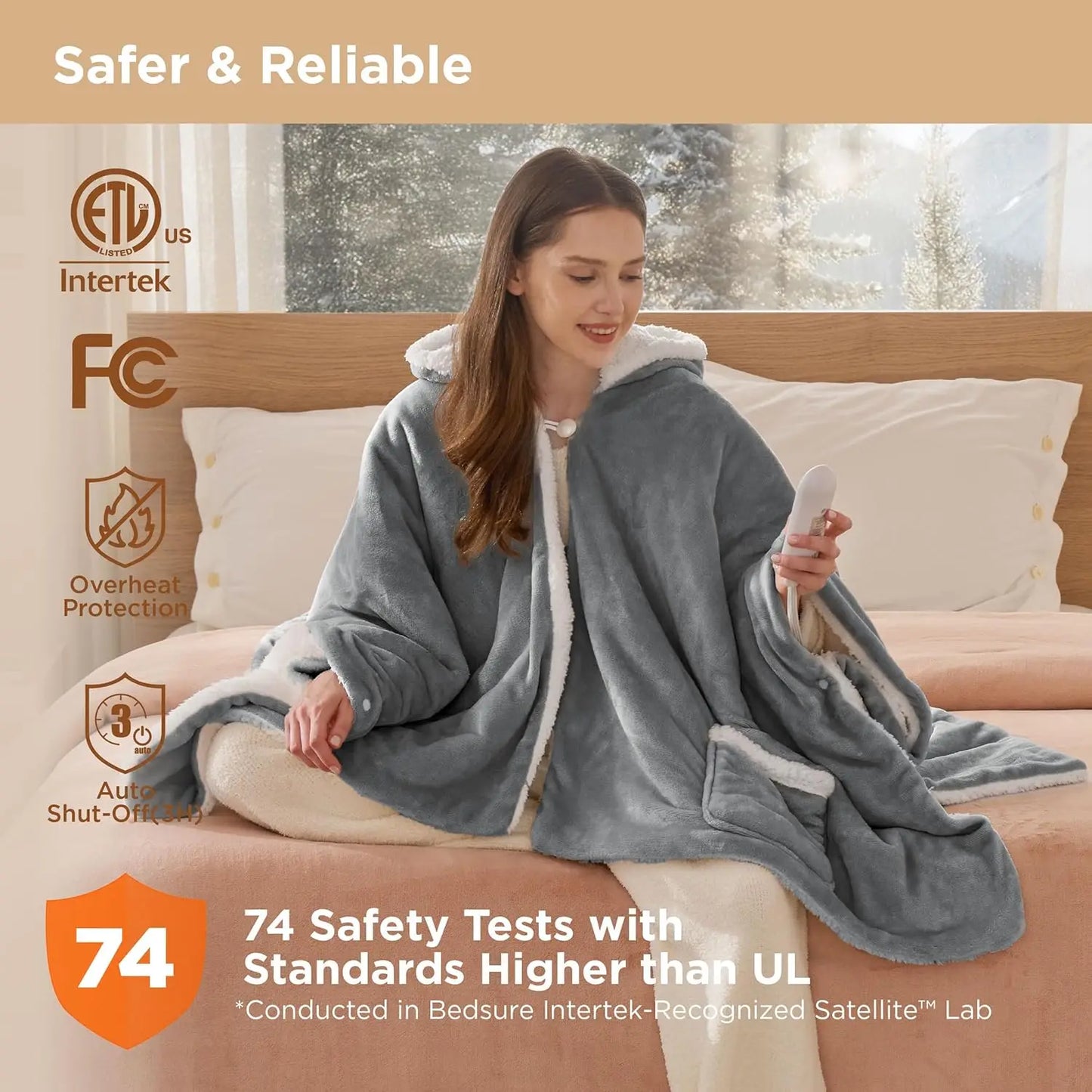 Electric Heated Blanket Shawl Hoodie for Adults, 4 Timer & 6 Heat Settings, Grey, 55x64 inches