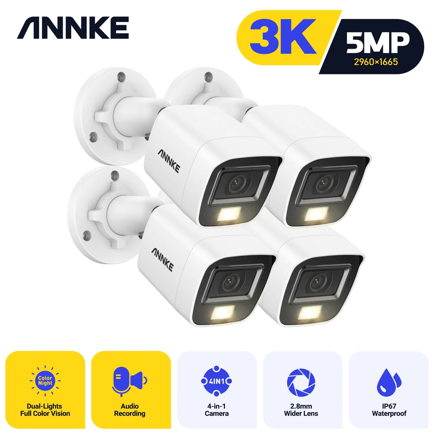 ANNKE 4Pcs 5MP CCTV Cameras IP67 Waterproof Video Surveillance Outdoor Dome Camera IR Cut Filter Camera Kit