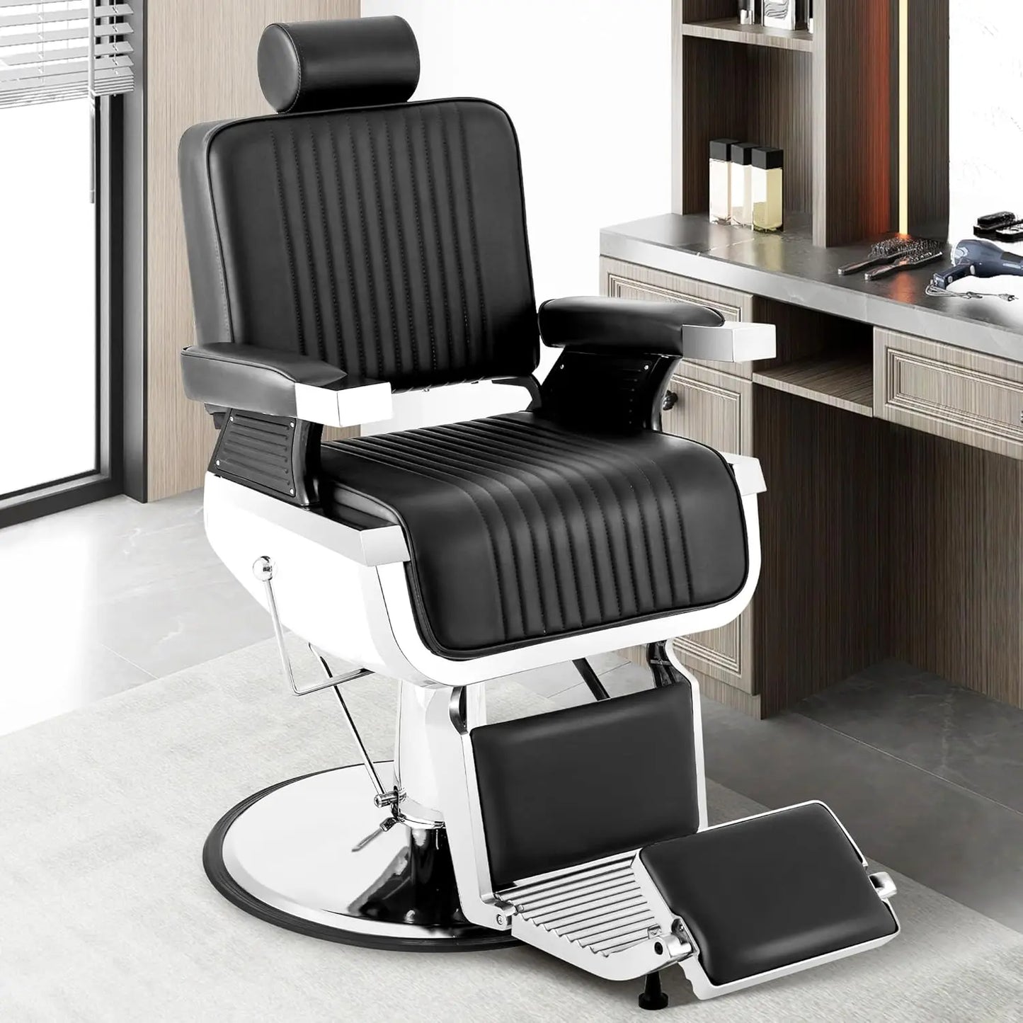 Black Gold Barber Chair, Reclining Salon Chair Hair Stylist, Barber Chairs for Barbershop Supports up to 500lbs, Professional Sa