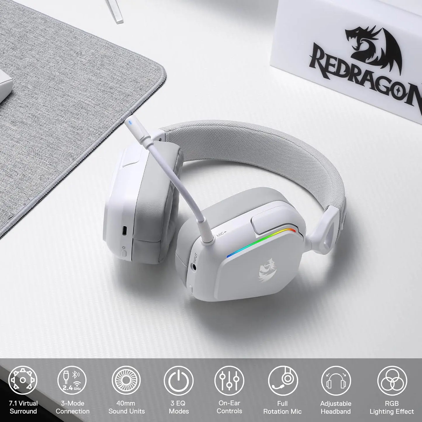 Redragon H868 3-Mode Wireless RGB 7.1 Surround Sound Noise-canceling Microphone Gaming Headset Over-Ear Headphones