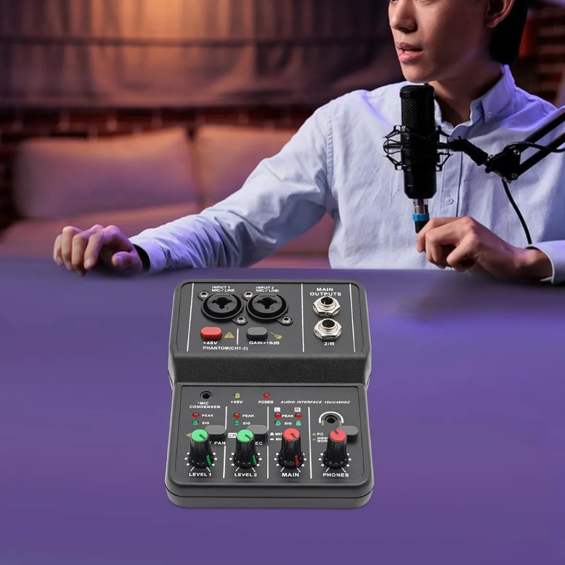 2-Channel Compact Audio Mixer with 48V Phantom Power Portable Sound Board for Karaoke/Recording/Live (3.9x5.5x1.7in, 0.48lbs)