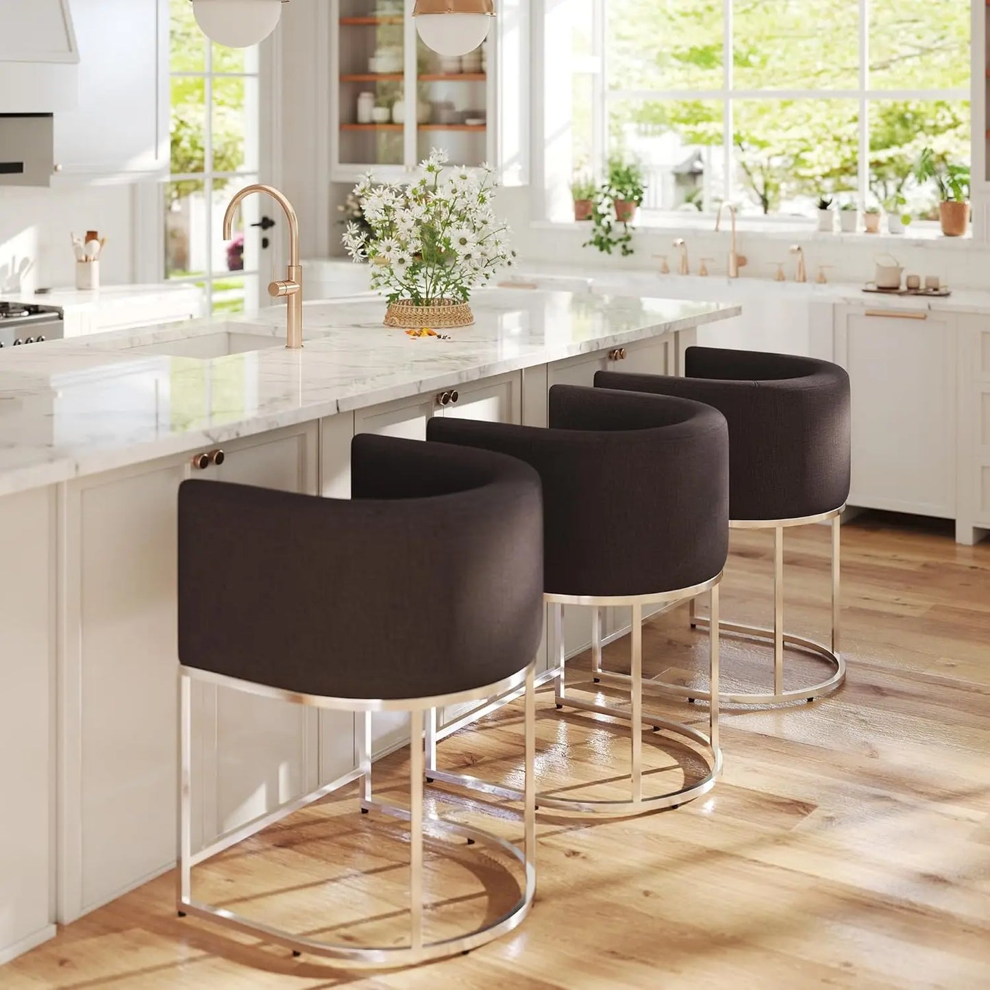 Modern Counter Height Linen Fabric Upholstered Counter Stools Set of 3, 24 Inch Kitchen Island Stool with Black, Customized