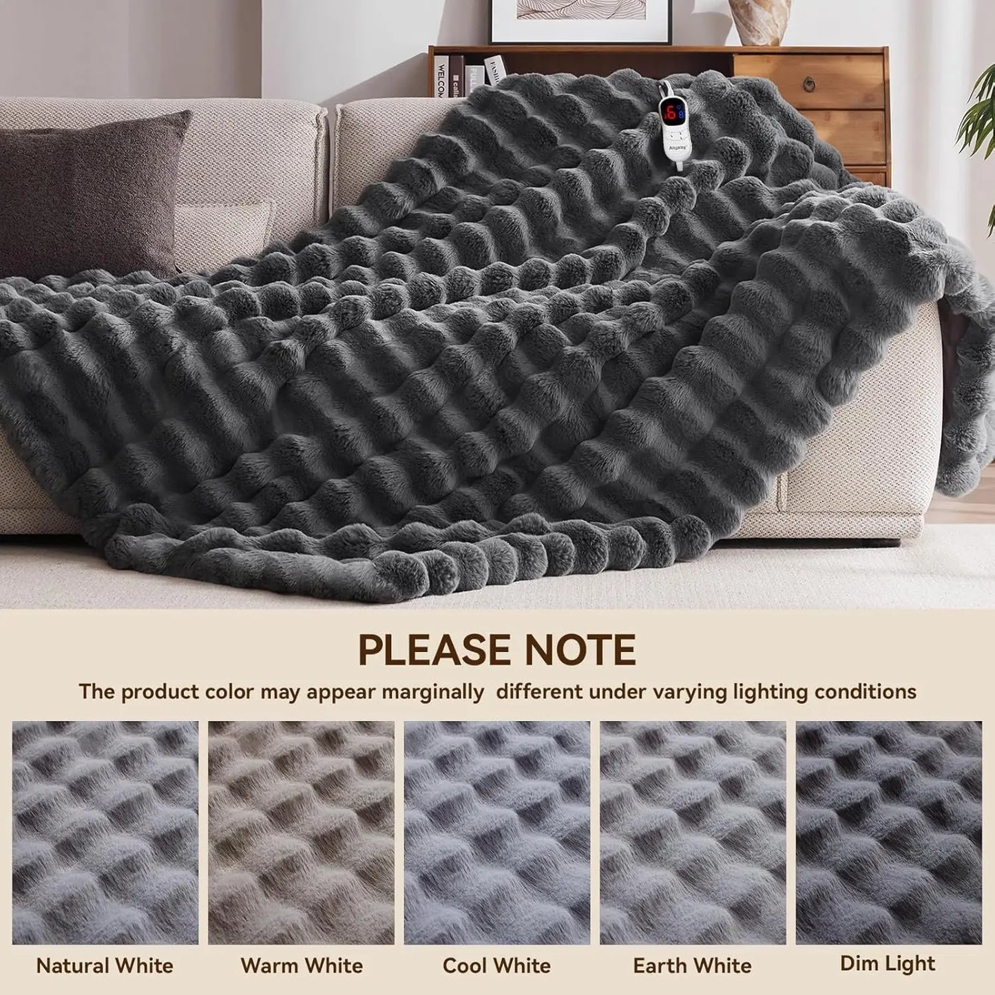 Cozy Electric Heated Blanket with Auto-Off Timer, 10 Heat Levels, Overheat Protection - Dark Grey