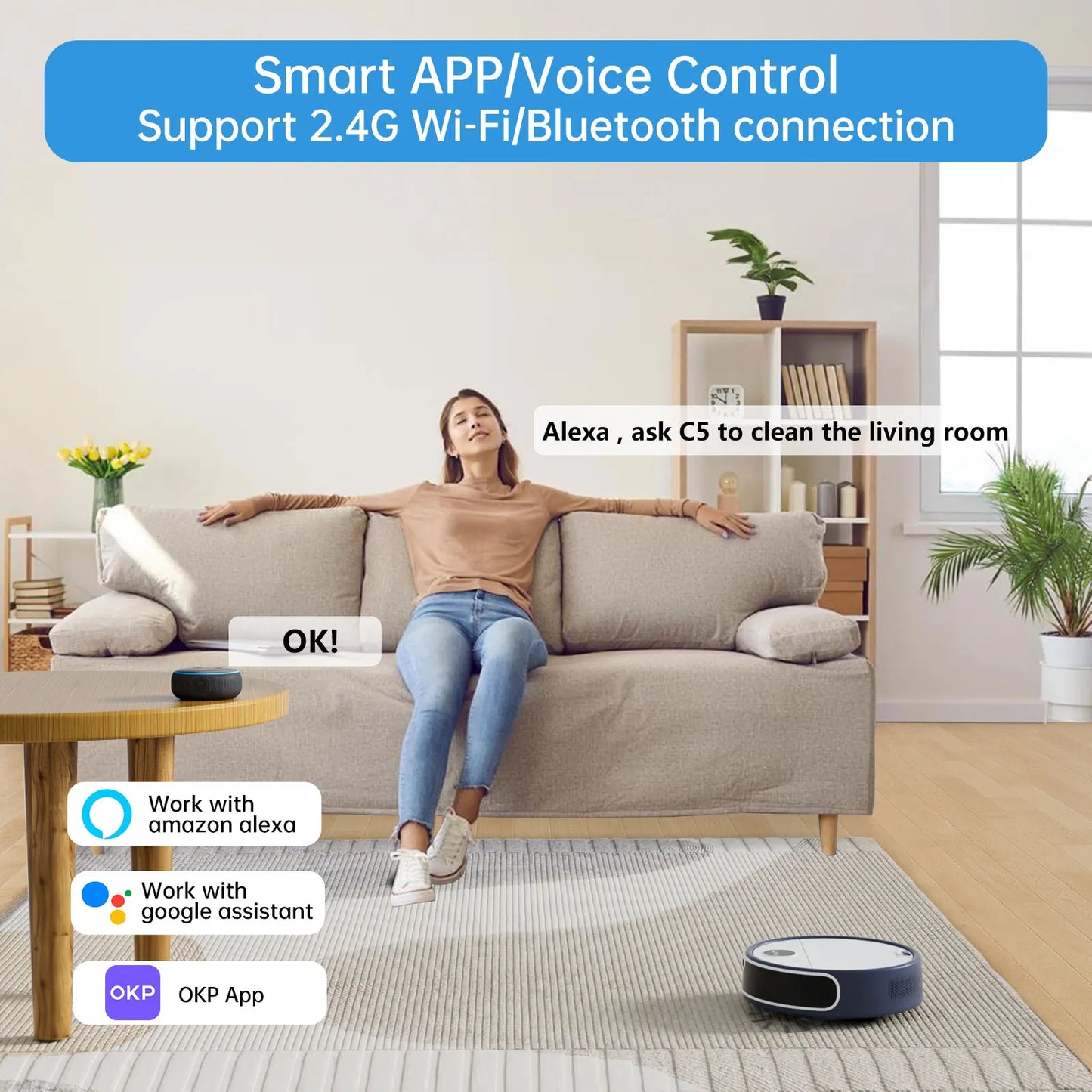 OKP C5 Robot Vacuum Cleaner with Real-Time Video Call, 6800Pa Powerful Suction, Wi-Fi/App/Alexa Control, Automatic Self-Charging