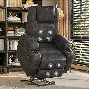 Massage Electric Power Lift Recliner Chair for Seniors with Corduroy Fabric, Cup Holders and Side Pockets