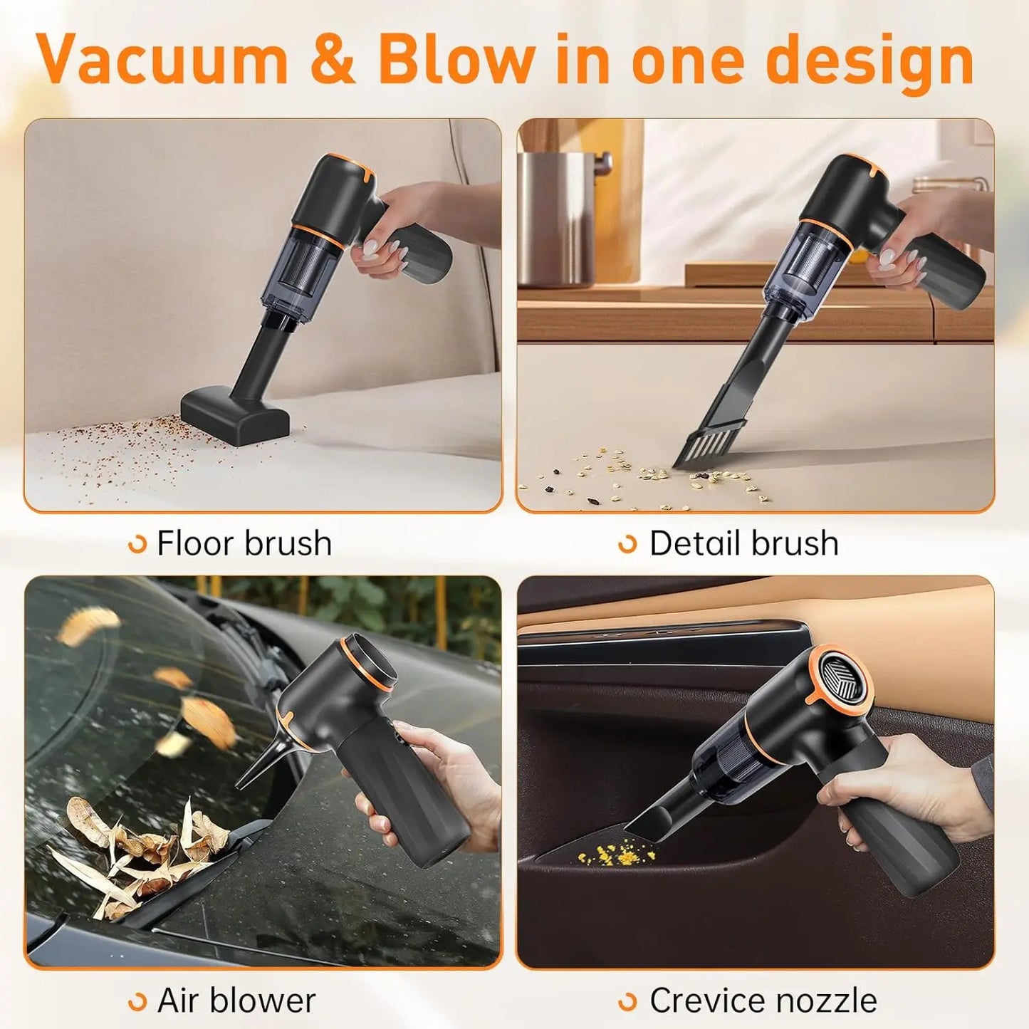 Handheld Car Vacuum Portable Wireless 12000Pa Suction Mini 4-in-1 Powerful Vacuum Cleaner Air Duster for Home Car and Pets