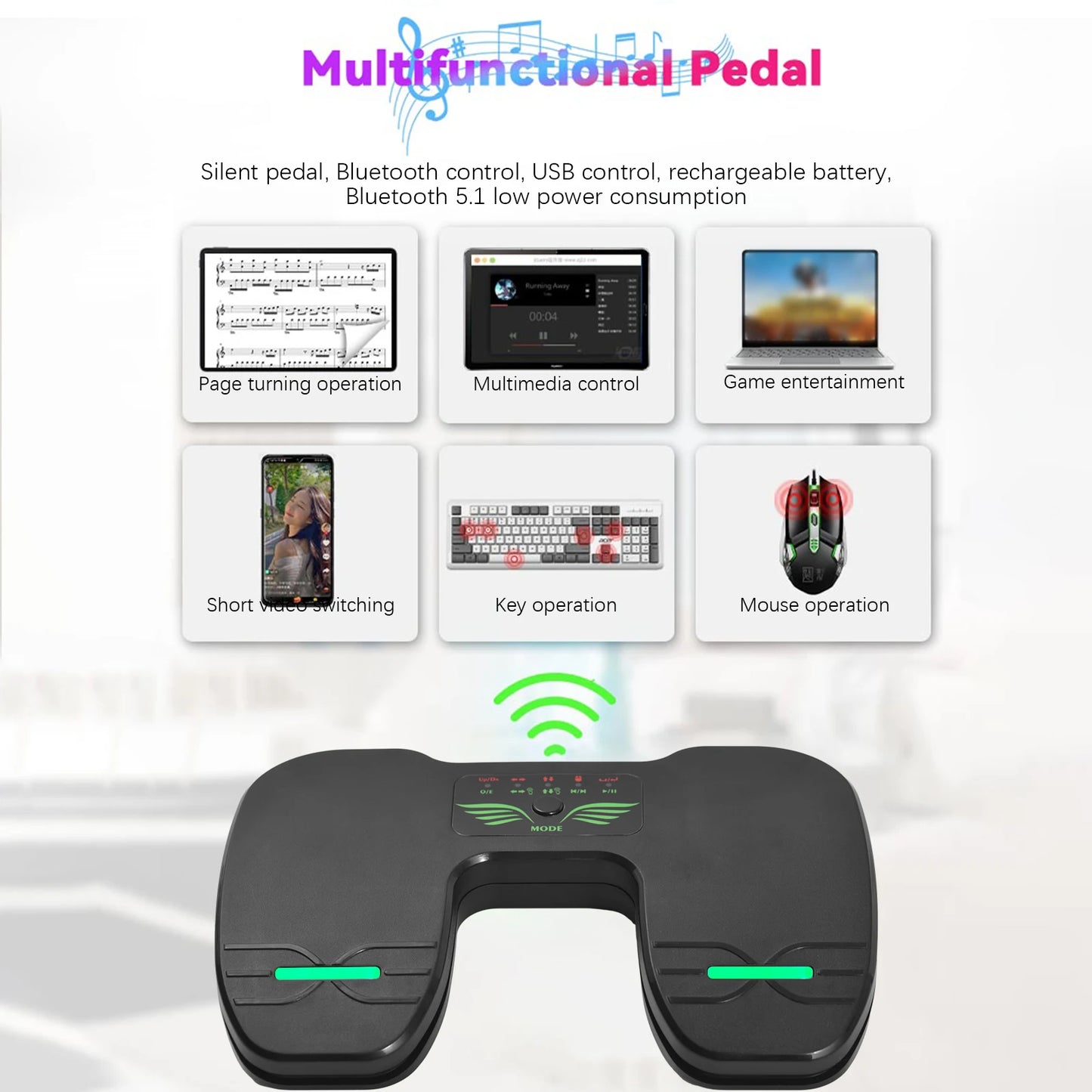Wireless Page Turner Pedal Portable Music Page Turner for Tablets Smartphones BT Foot Page Turner Rechargeable with Anti-Skid Pa