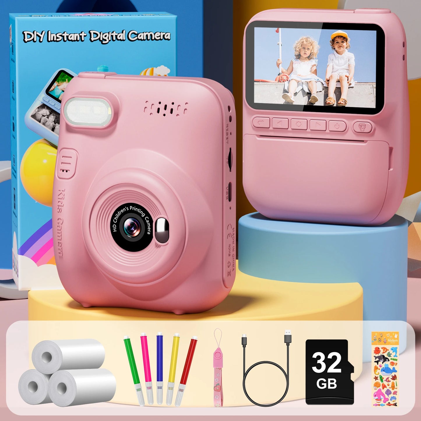Gofunly Kids Instant Print Camera 3.0" Mini Digital Camera 1080P Portable Video Recorder Gift For 6-12 Years Children
