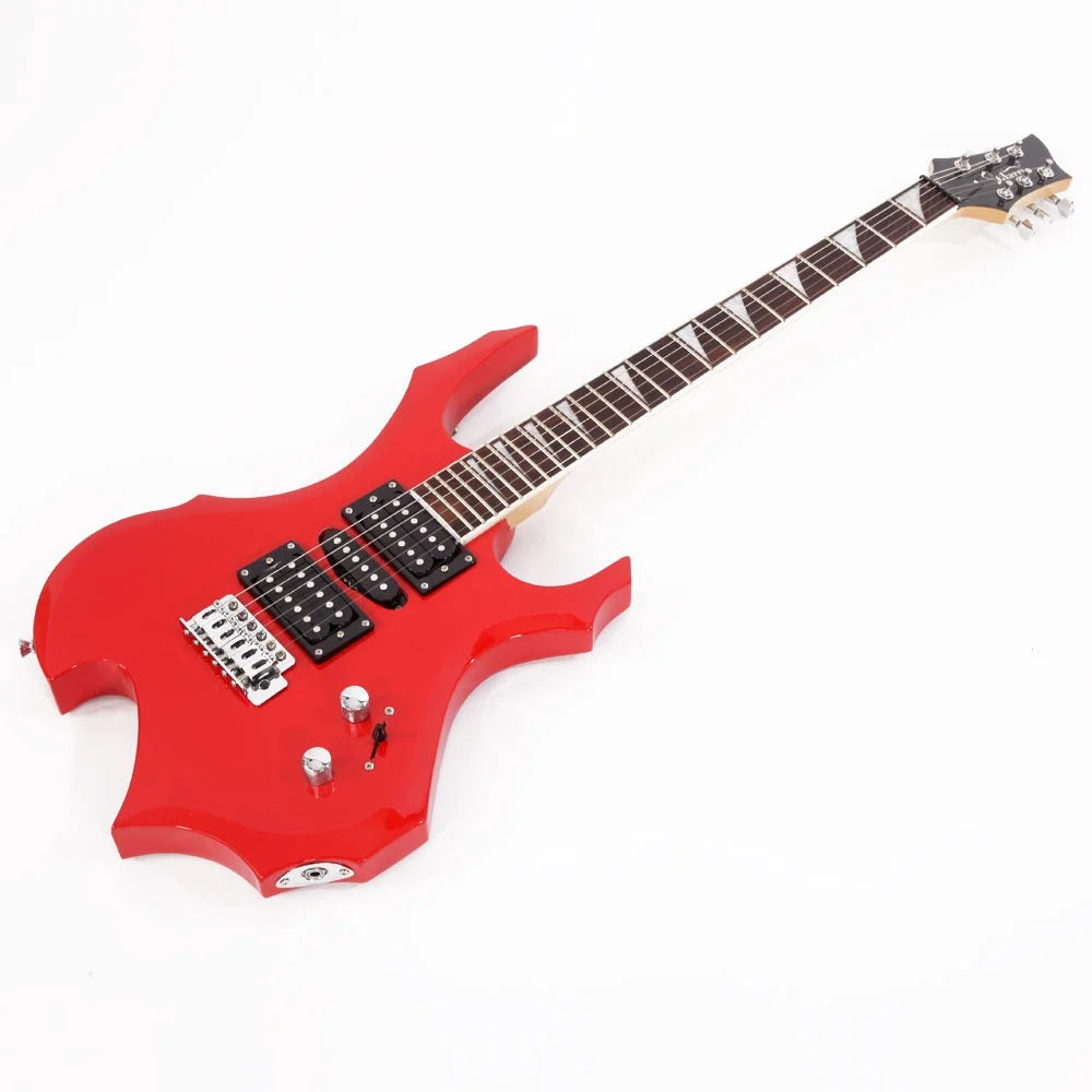Red Flame Shaped Electric Guitar with 20W Electric Guitar Sound HSH Pickup Novice Guitar Bag Strap Picks Shake Cable Wrench Tool