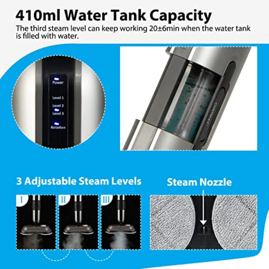 Multipurpose Steam Cleaner 180 Dual Rotating Handheld Steam Mop with 230F Hot Steam 3 Steam Levels 410Ml Water Tank Led