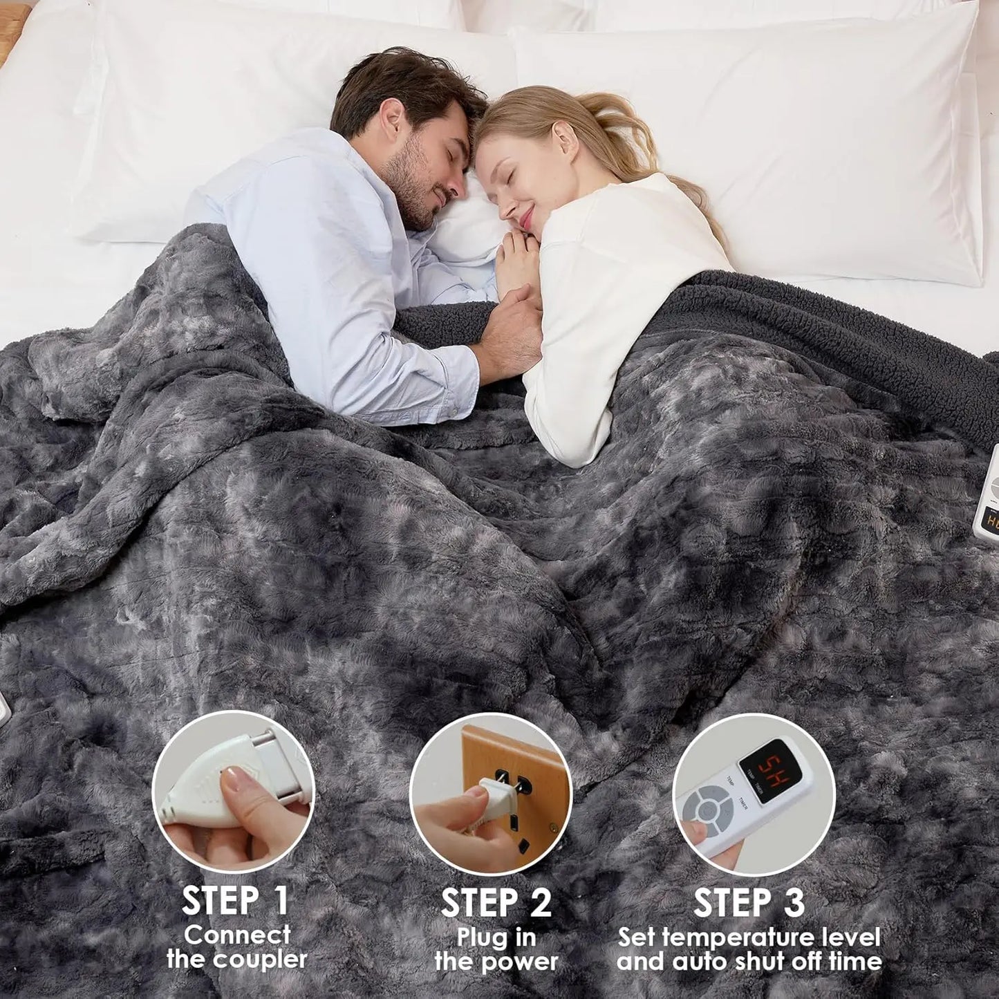 Electric Heated Blanket Throw with Faux Fur and Sherpa, 9 Heat Levels, 10-Hour Auto Shut Off for Fast Warming