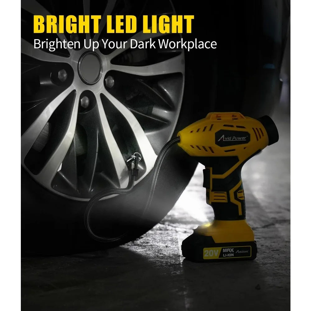 AVID POWER Cordless Tire Inflator Portable Air Compressor, 20V Rechargeable Battery Powered Car Tire Pump w/ 12V DC Adapter,