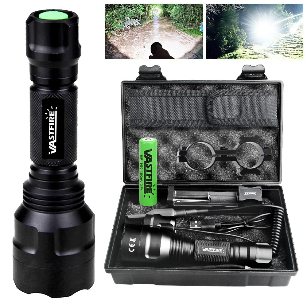 Tactical Hunting Flashlight White/Green/Red Light Torch LED Rifle Lantern+Pressure Switch+Rail Scope Mount+18650+USB Charger