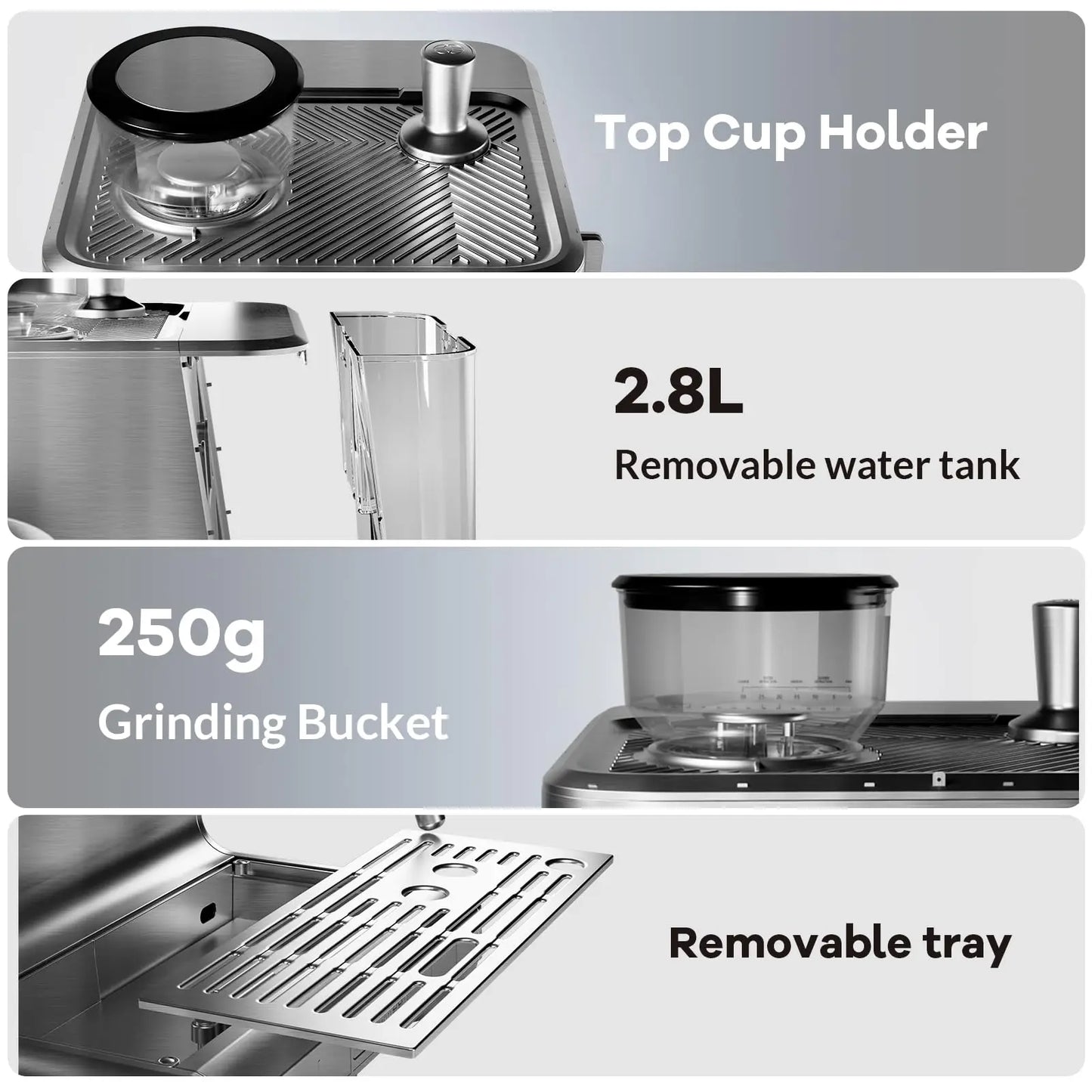 Espresso Coffee Maker With Grinder, 20 Bar Stainless Steel Professional Espresso Coffee Maker With Milk Frother, 2.8L Water Tank