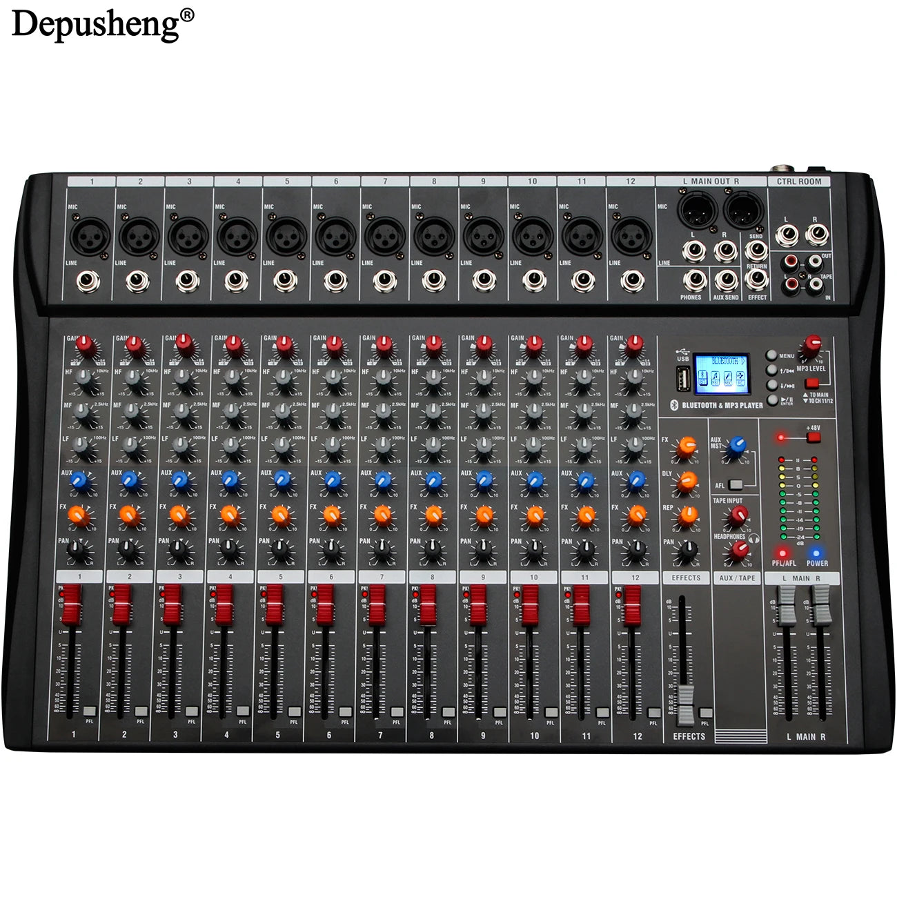 Audio Mixer 6/8/12 Channels Professional DJ mixer LR microphone/line input, AUX,FX processor MP3, headphones, +48V Phantom