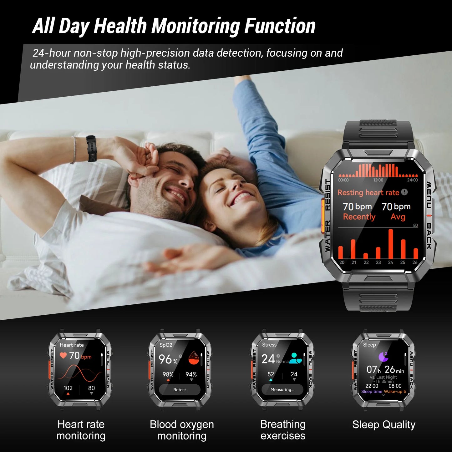 Blackview New Smart Watch 2.01'' HD Display Outdoor Men's Watches with Emergency Lighting Bluetooth Call Waterproof Smartwatch