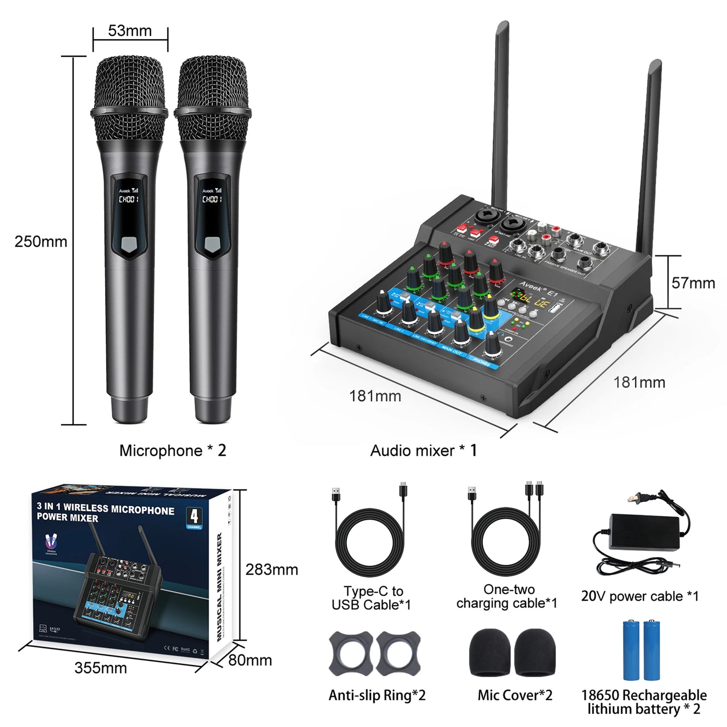 Aveek Powered Amplifier Audio Mixer,Dual Wireless Mic Sound Board Console Digital USB BluetoothComputer DJ Mixing for Karaoke