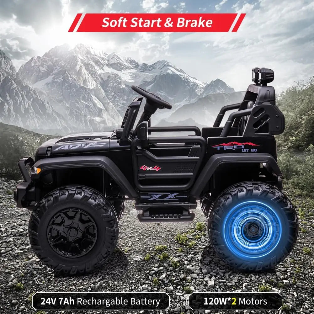 2 Seaters Kids Ride On Truck with Remote Control, 24V 9Ah 20" Large Seat 15.5" Wheels,Electric Riding Car with Led Light Music