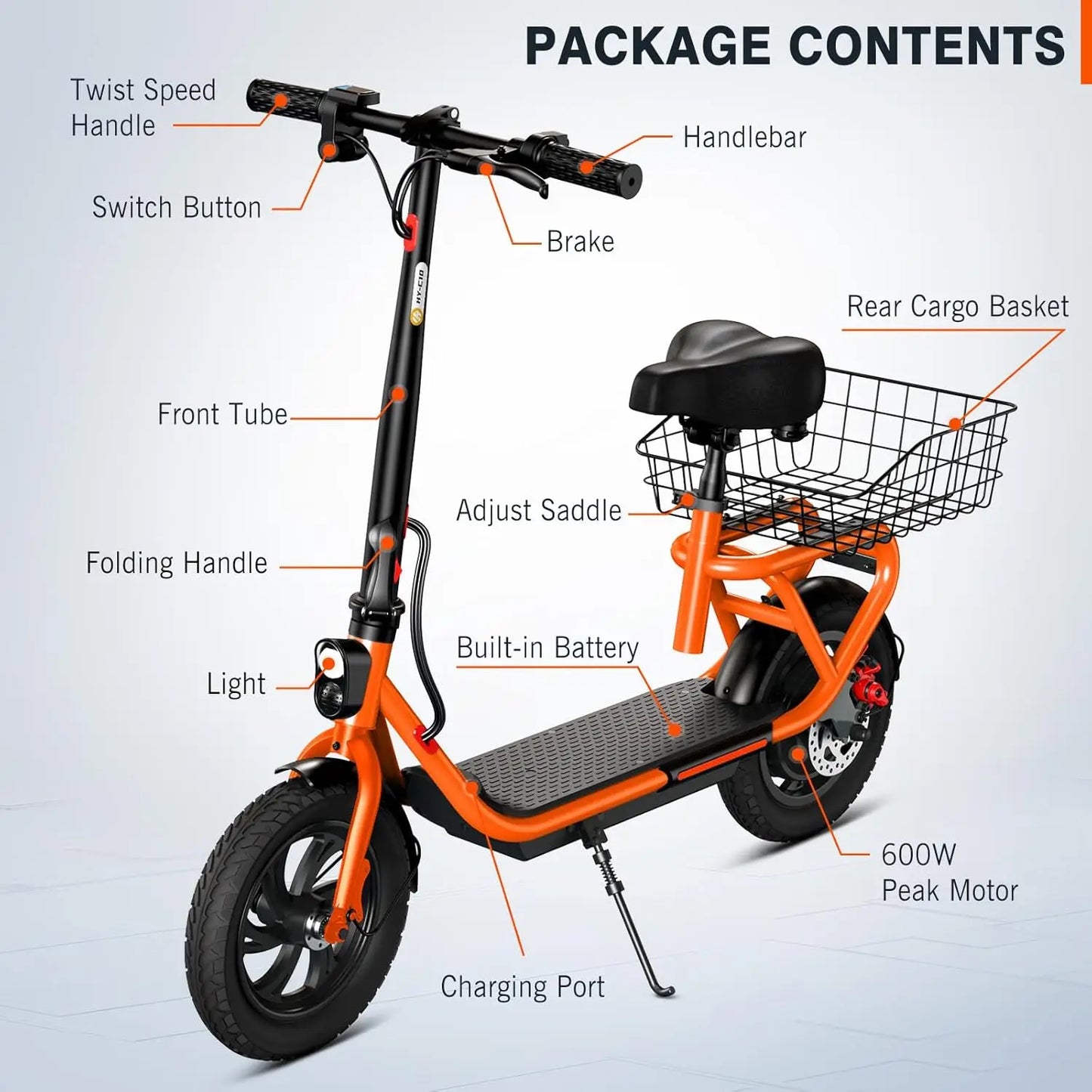 SISIGAD C10 600W electric scooter, 19MPH top speed, 20-mile range, with seat, shock absorbers, folding design, and dual brakes.