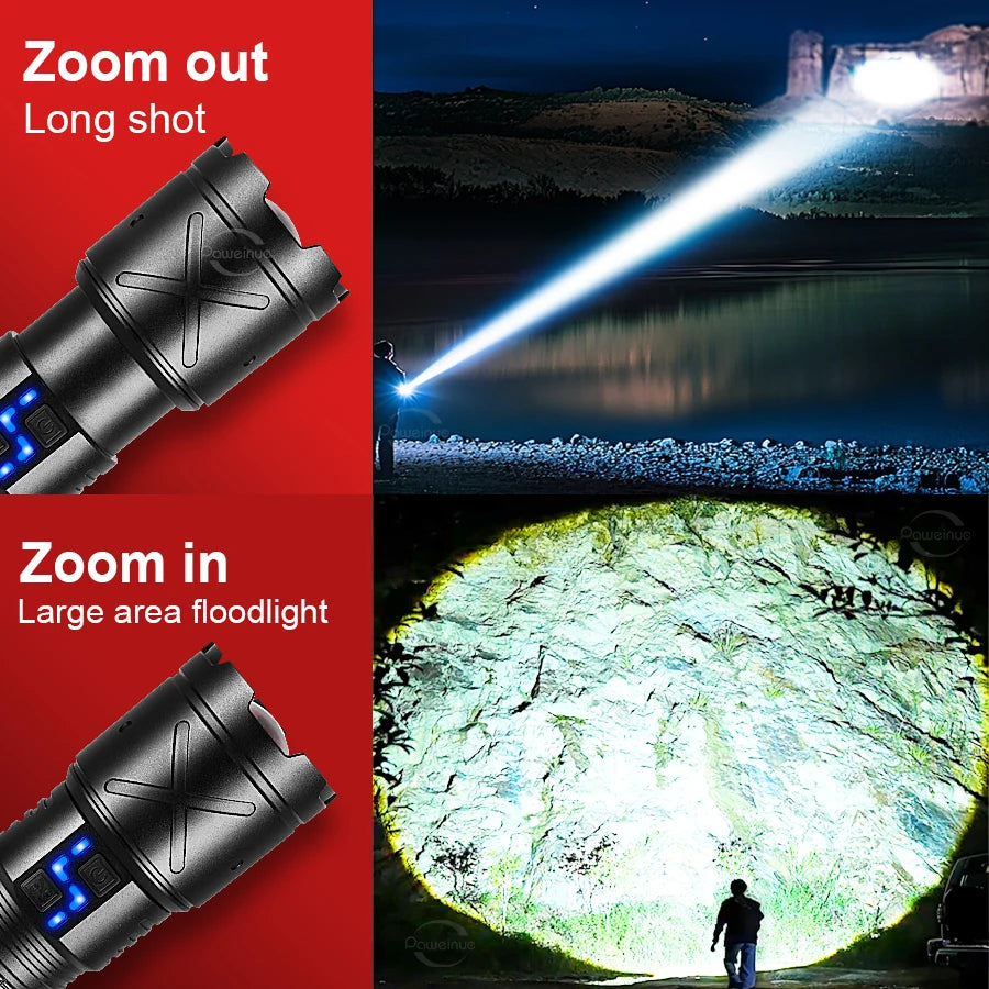 2026 New Ultra Bright LED Flashlight USB Rechargeable Zoom Flashlights Long Range 6000M Tactical Torch Camping Fishing Work Lamp