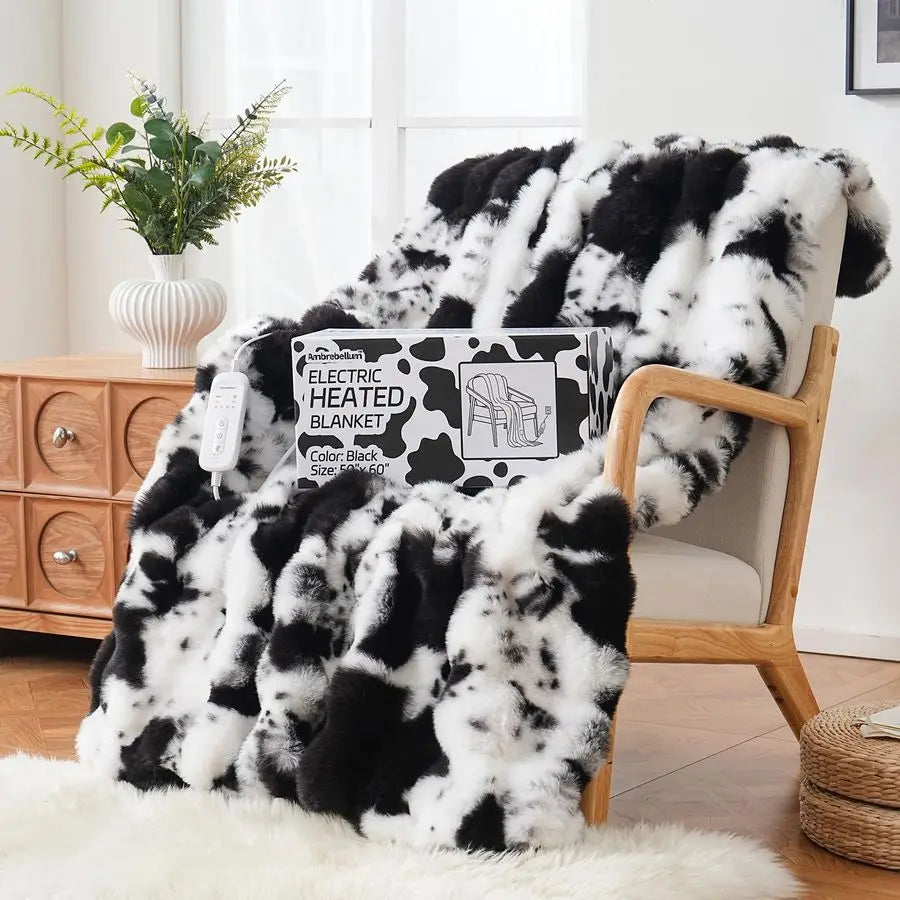 Print Heating Throw Blankets Luxurious Western Soft Bubble Faux Rabbit Fur 8 Heat Settings Overheat Protection Quick Heating Ele