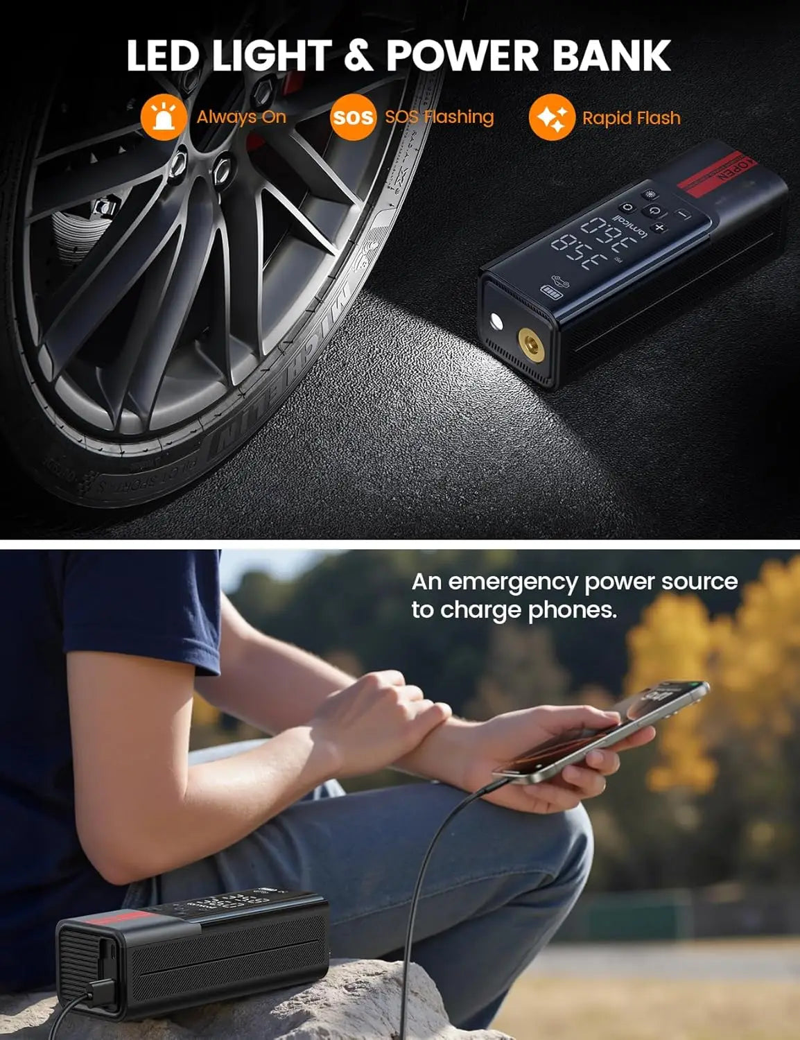 Portable Cordless Air Compressor 150 PSI, Digital Gauge & LED Light, Fast Inflator for Car, Motorcycle, Bike, Ball