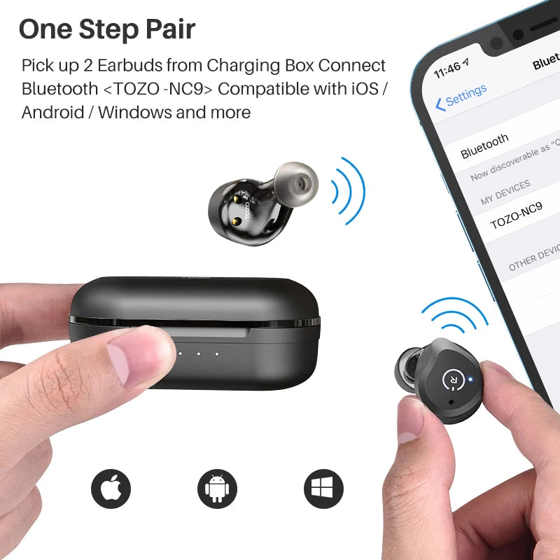 TOZO ANC True Wireless Earbuds In Ear Sport Headsets Mics HiFi Sound Bass Stereo Bluetooth Earphone Calls Noise Cancelling