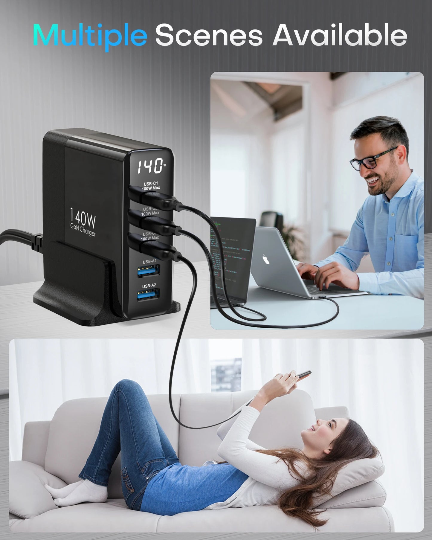 TOPADRE 140W USB C 5-Ports Charging Station with Display, Max 100W USB Laptop Charger Compatible with MacBook ,iPhone ,Samsung