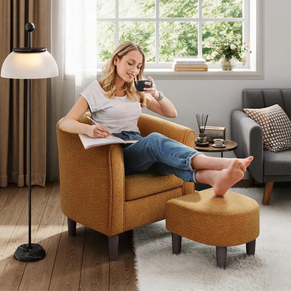 Modern Chenille Accent Chair with Ottoman, Orange Barrel Armchair for Living Room Bedroom Office