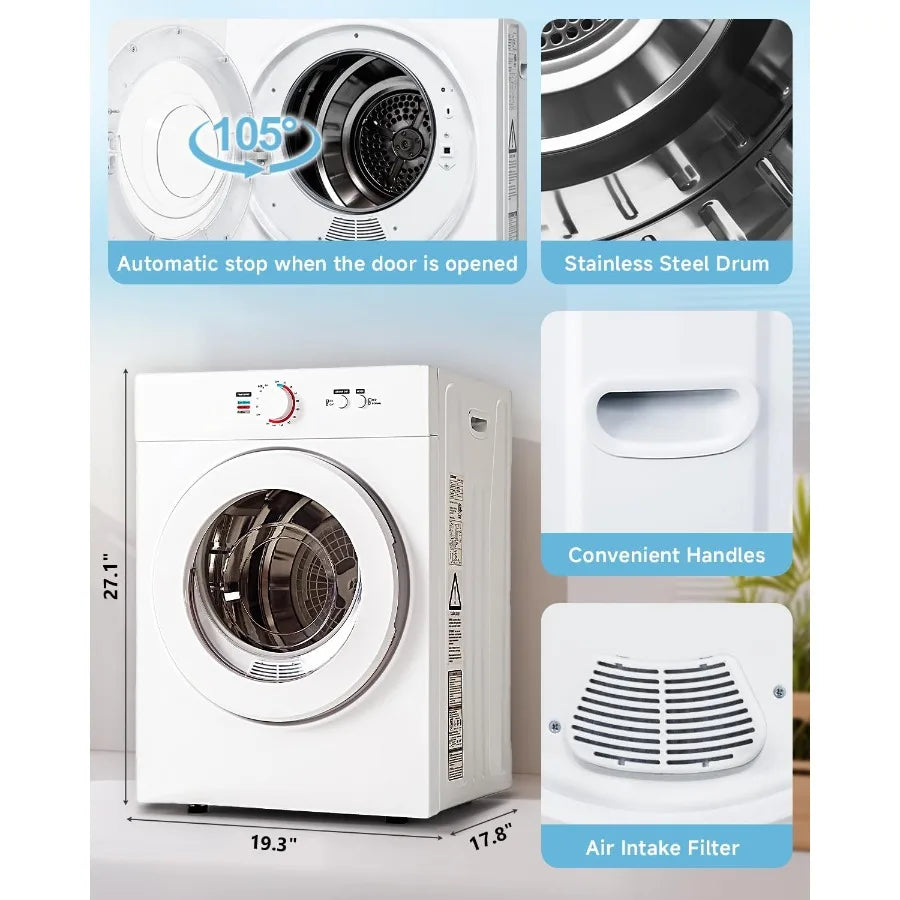 1.8 Cu.Ft Compact Dryer 1020W Portable Clothes Dryer with Stainless Steel Tub Front Load Tumble Four Functions Ideal for Small