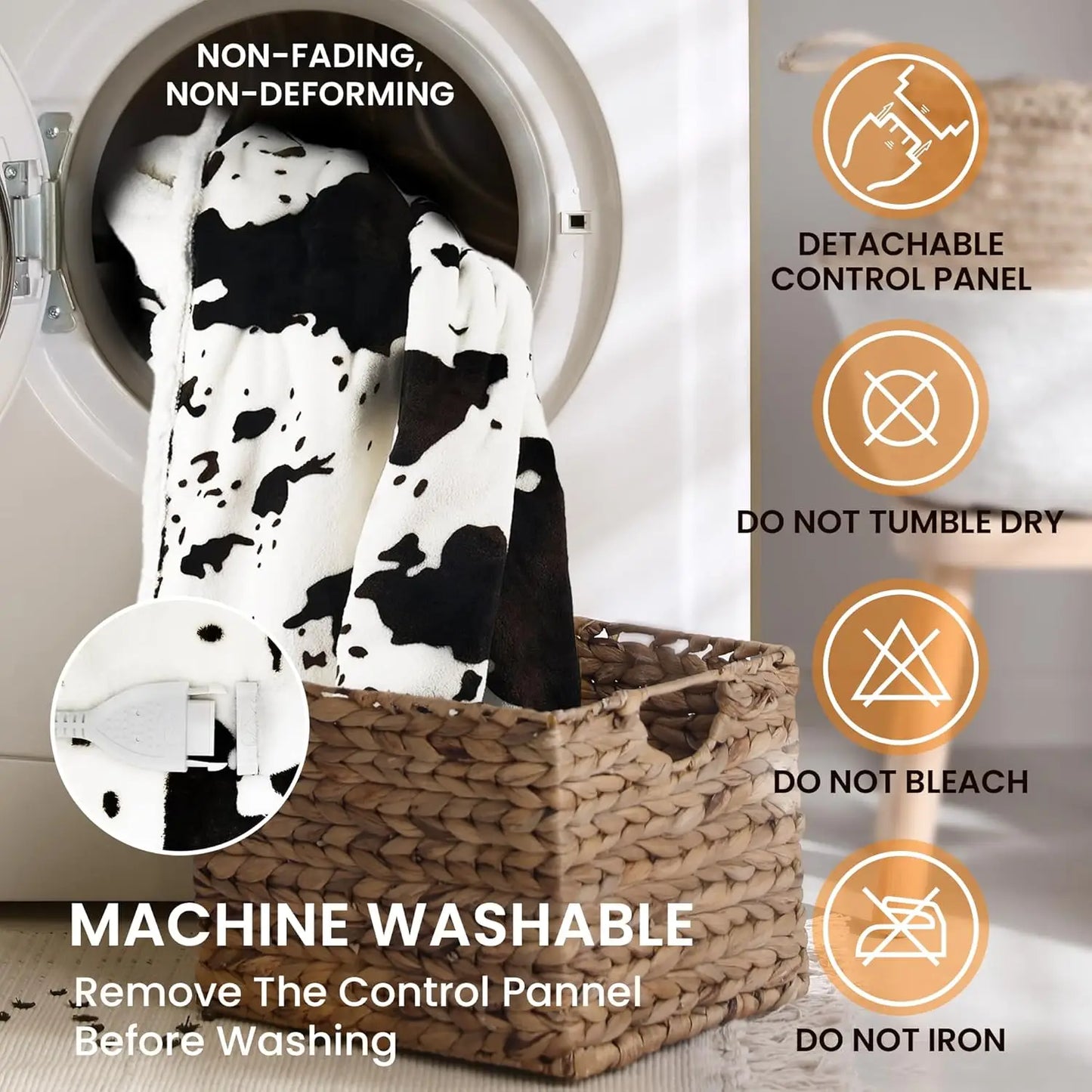 Cow Print Electric Heated Throw Blanket with 10 Heat Levels, Auto Off, Washable Fleece Sherpa, 50x60 Inches