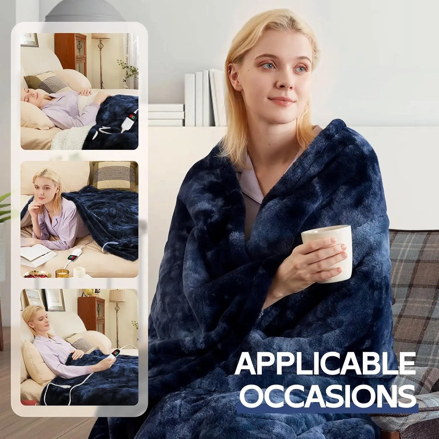 Electric Heated Throw Blanket with 8 Heat Levels, Auto Off, Fast Heating, Washable, Blue