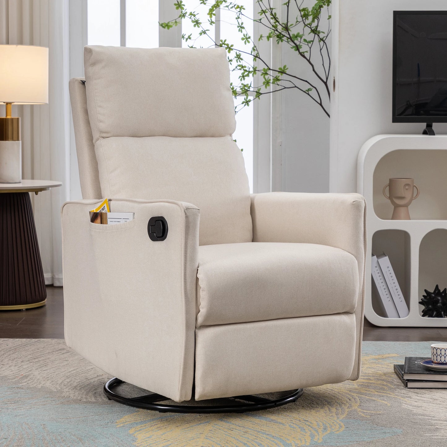 Cotton Linen Fabric Swivel Rocking Chair Glider Rocker Recliner Nursery Chair With Adjustable Back And Footrest For Living Room