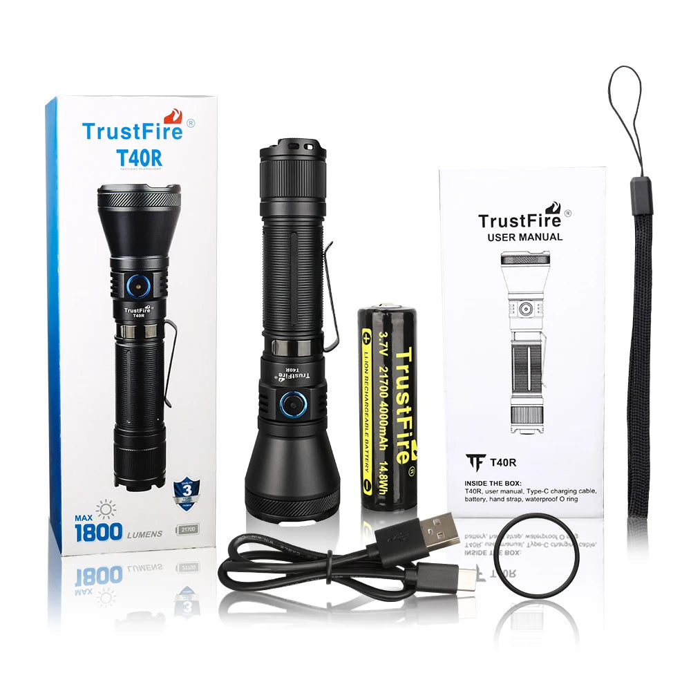 Trustfire T40R Army Tactical Led Flashlight 1800lumen 550meter Rechargeable 18650 Lamp With Usb Charging Self-Defense Ip68 Torch