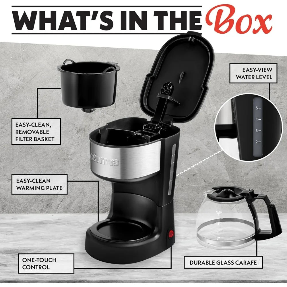 Gourmia Coffee Maker – 5 Cup, One-Touch Brew, Pause & Serve, Automatic Keep Warm, Stainless Steel Accents, Black
