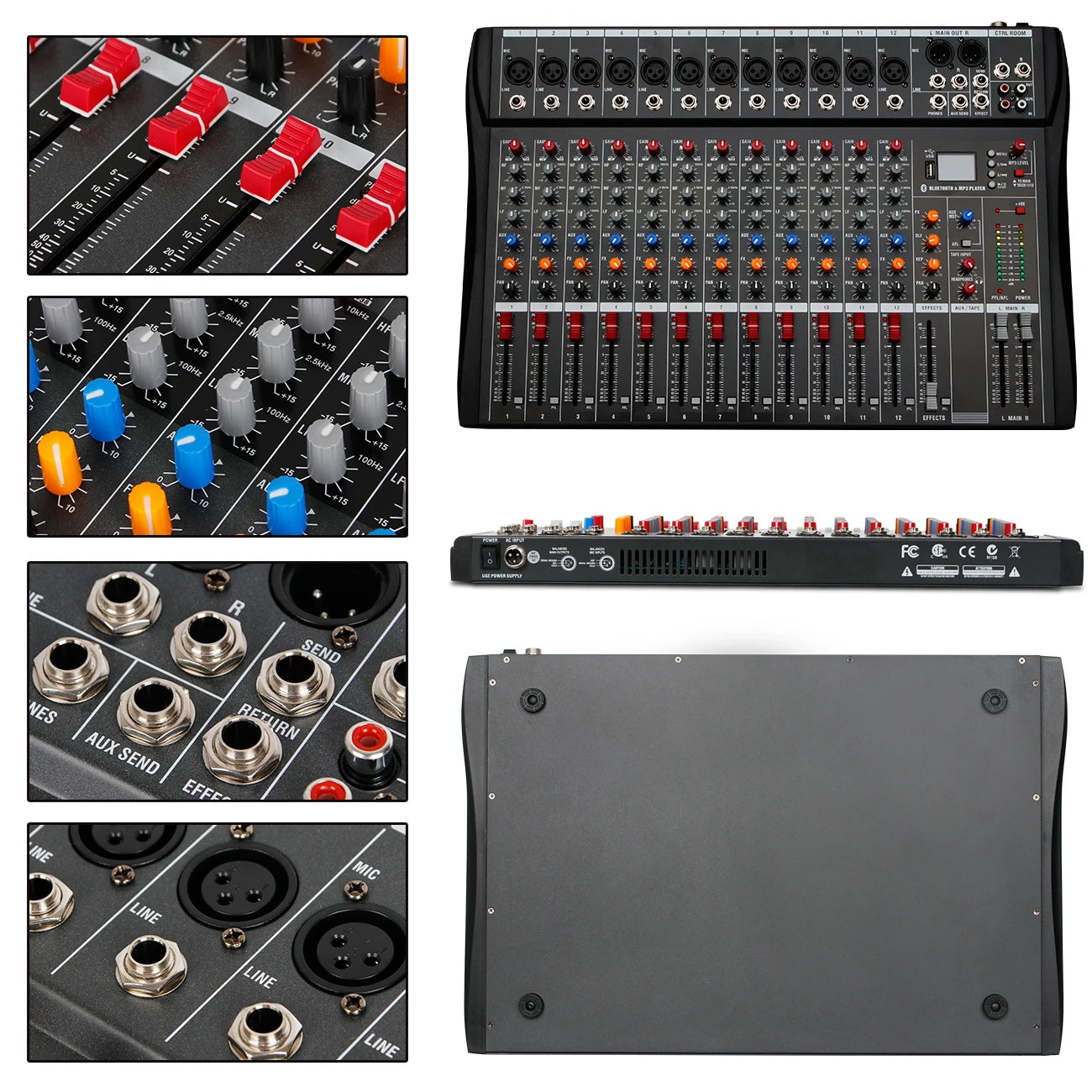 DEPUSHENG DX12 Professional Audio Mixer 12 Channel Studio Audio Console USB MP3 Input 48v Phantom Power DJ Console