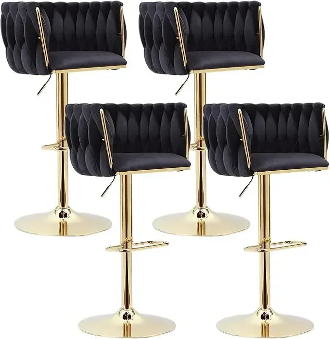 Velvet Bar Stools Set of 4 - Modern Adjustable Swivel Counter Height Chairs with Woven Back, Kitchen Island Chairs