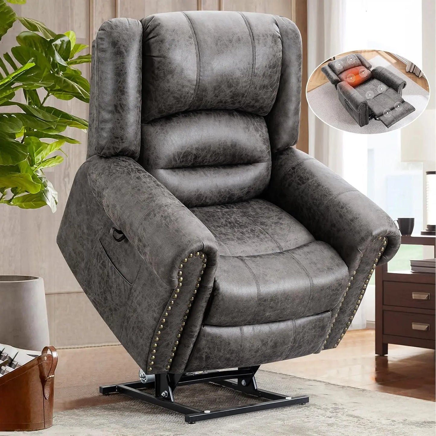 Dual Motor Lay Flat Power Lift Recliner Chair for Elderly, Breathable Leather Large Infinite Position Electric Chairs