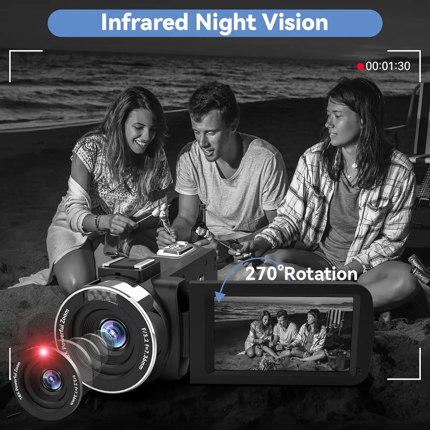 4k Video Camera Camcorder with 18X Digital Zoom,48MP Vlogging Camera for YouTube,3.0-inch IPS 270° Rotating Touchscreen,Micropho