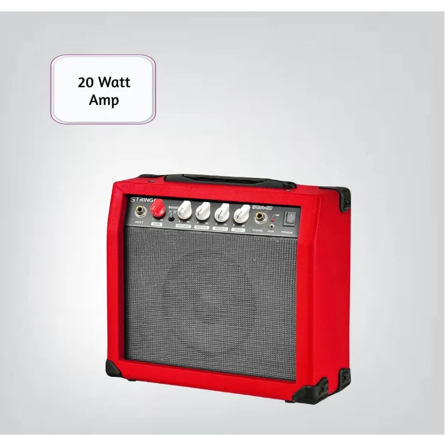 Full Size 39 Inch Red Electric Guitar Beginner Kit with Tremolo Bridge 20W Amplifier 3 Guitar Picks Shoulder Strap Tuner and Pr