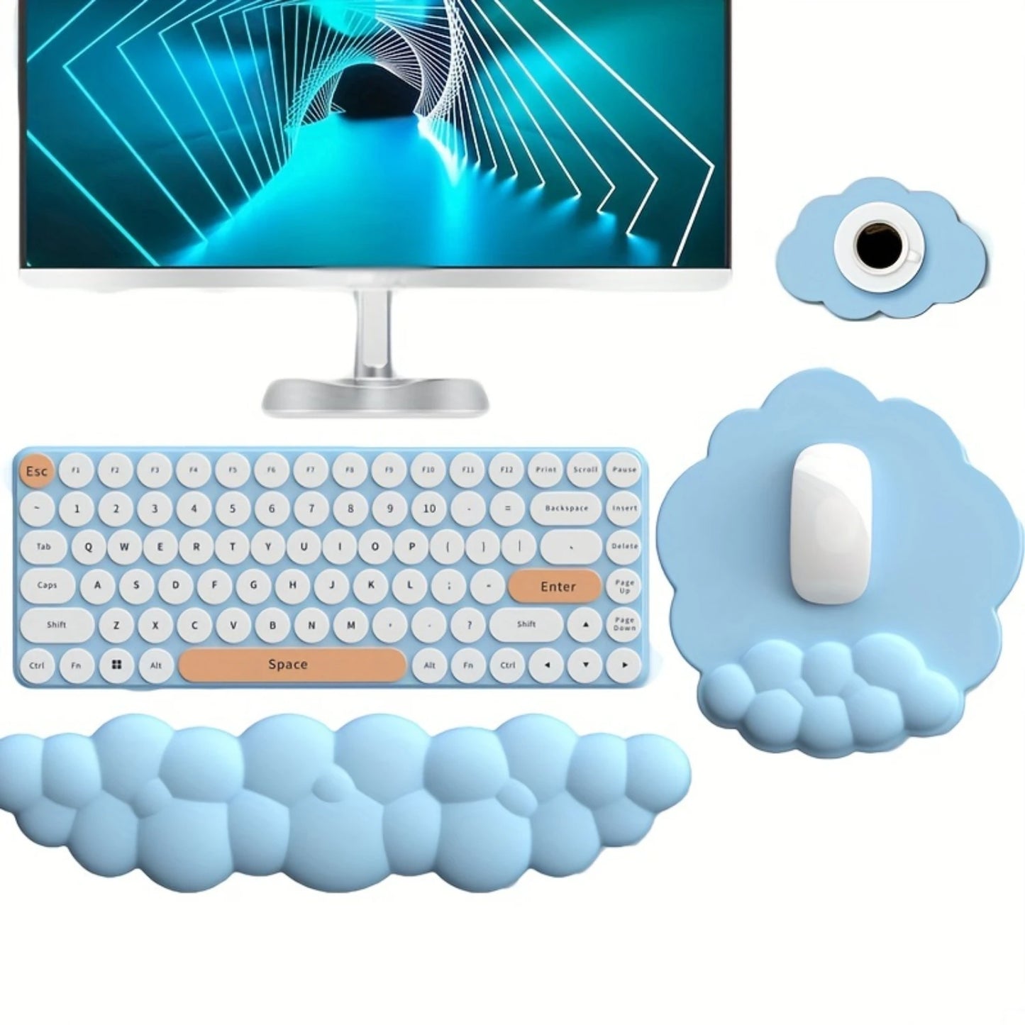 3-Piece Cloud-Shaped Mouse and Keyboard Pads with Wrist Support Set - Ergonomic PU Leather Desk Accessories with Water-Resistant