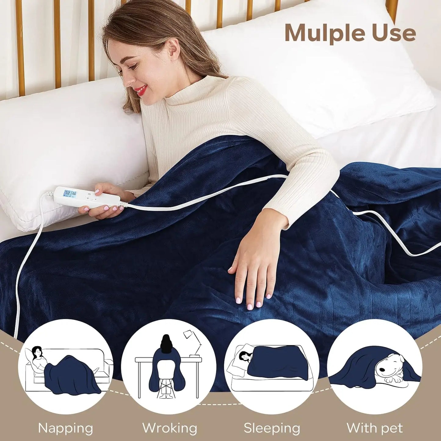 Queen Electric Heated Blanket 84x90 Inches, 6 Heat Levels & Auto Timer, Fast Heating Ultra Soft Flannel, Machine Washable Blue