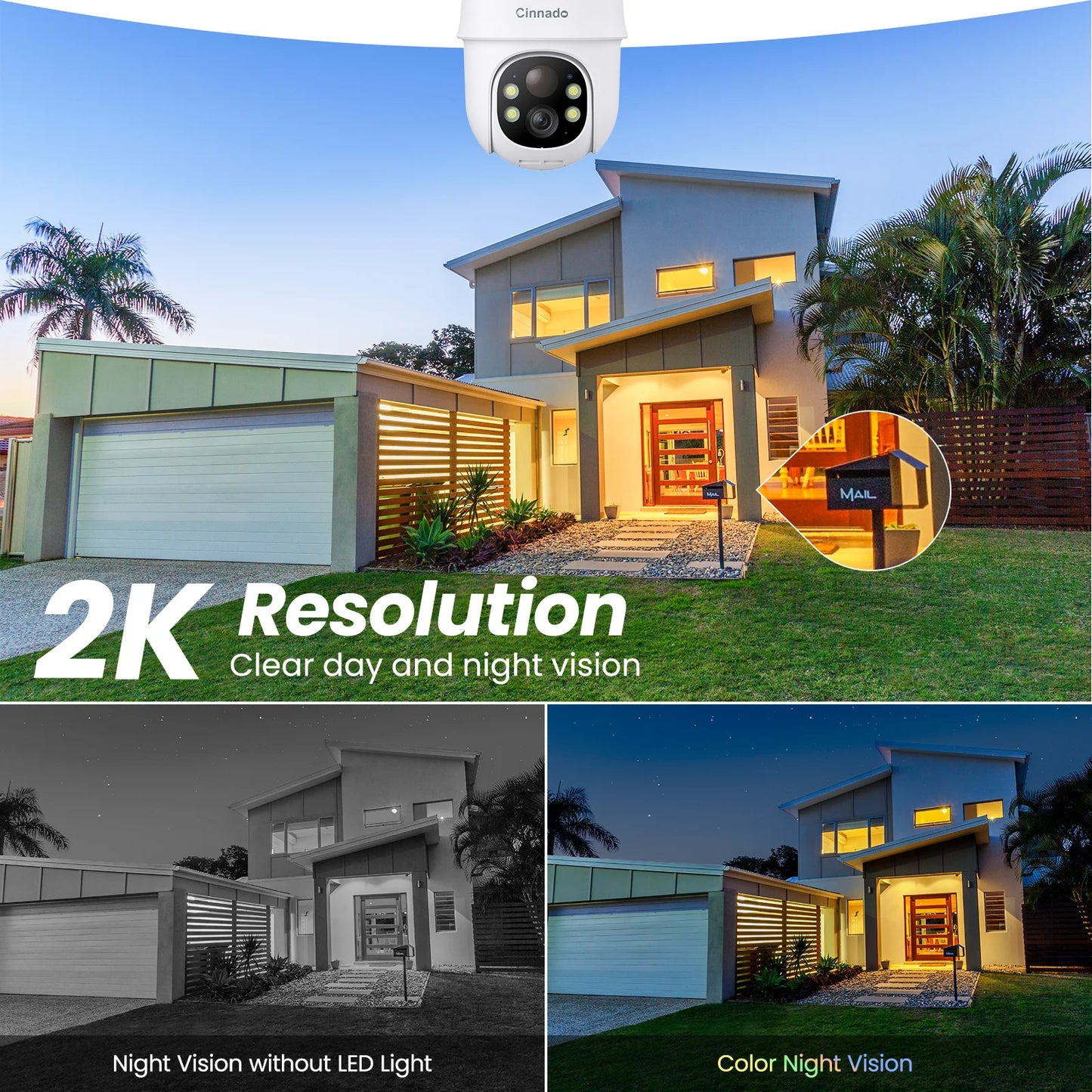 Cinnado 2K Solar/Battery Powered Cameras for 360° Home Security, 2.4G WiFi Outdoor Camera Wireless, Human Detection