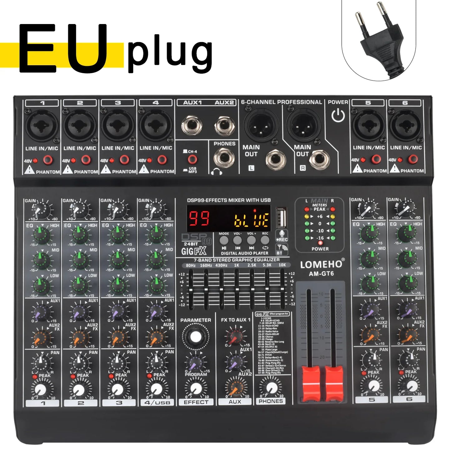 Lomeho 6 Channel Mixing Console Mono 99 Digital Effect USB Sound Card dj Mixer Bluetooth 48V 2 AUX Dj Karaoke Audio Table AM-GT6