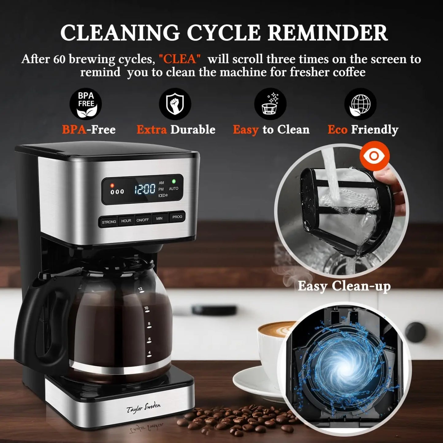 12-Cup Programmable Coffee Maker, 4 Brew Strength, LED Timer, Keep Warm & Auto Shut-off - Drip Coffee Machine for Home/Office