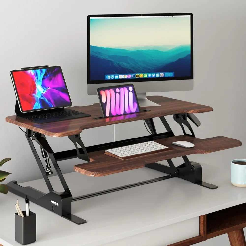 Mount-It! 38 Inch Standing Desk Converter, Sit Stand Desk Riser for Dual Monitors with Keyboard Tray, Height Adjustable Desktop